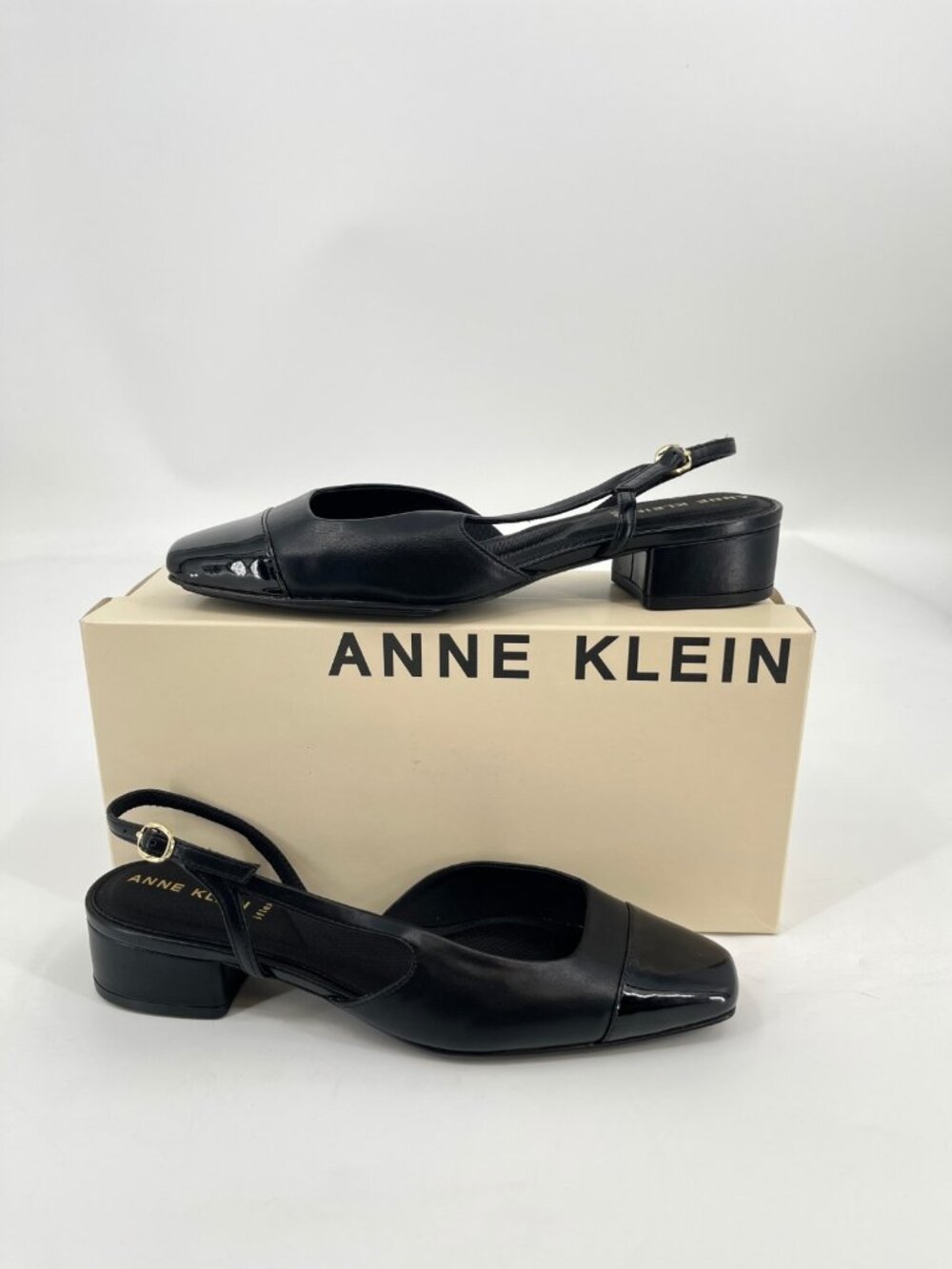 Anne Klein Nia Slingback Block Heels Black Size 8.5 Buckle Square Toe Low Pump